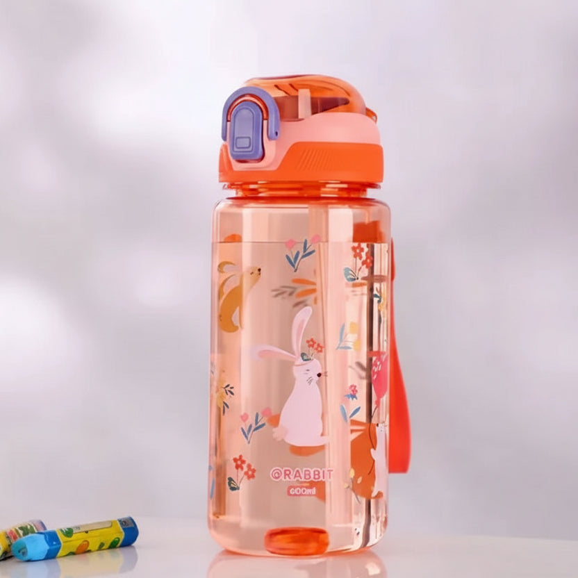 Orange kawaii water bottle with cartoon design on a white background