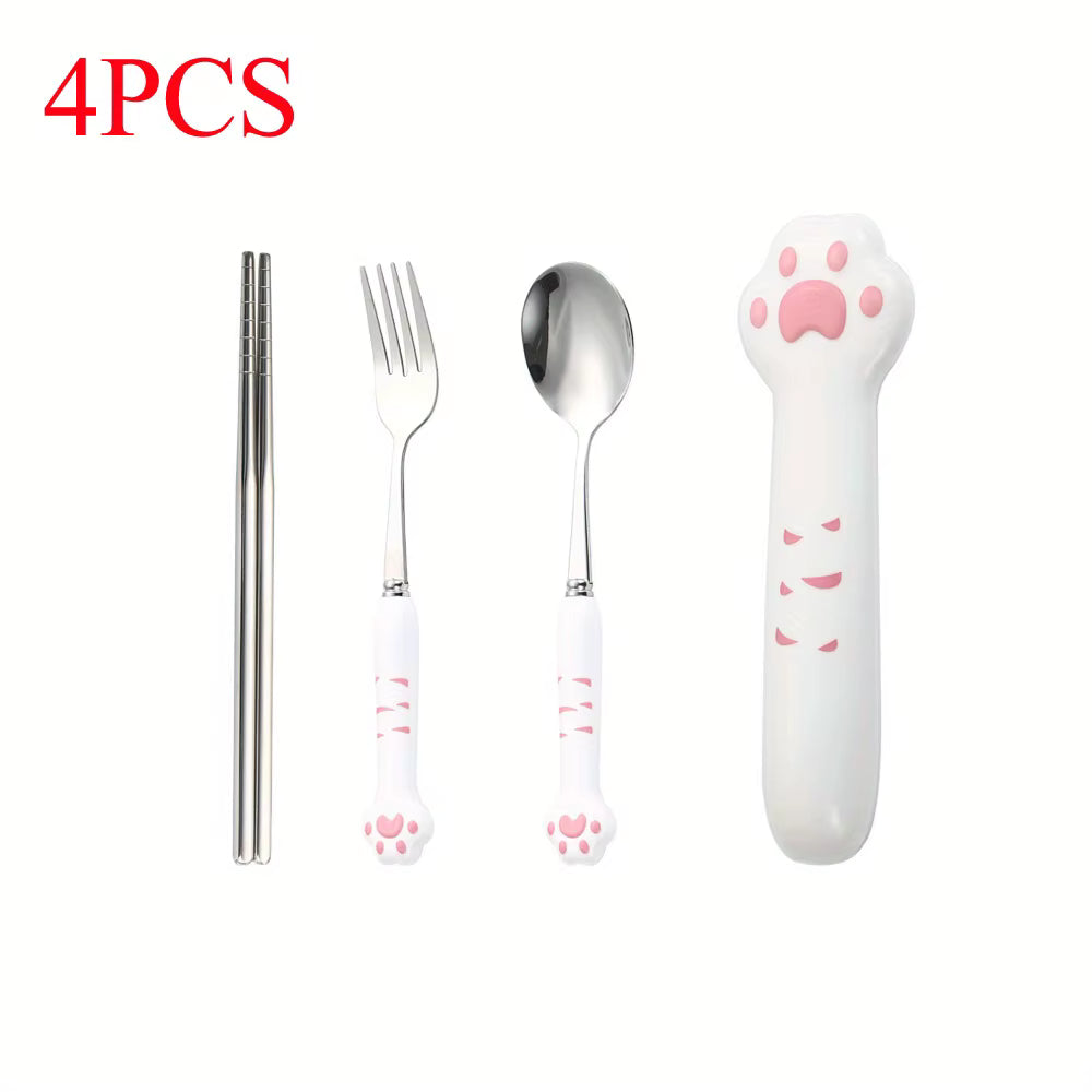 Set of 4pcs kawaii utensils with paw-shaped on a white background.