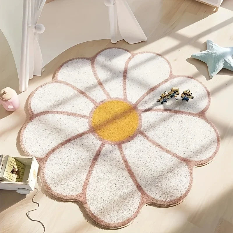 Flower-shaped kawaii rug with a yellow center on a light wooden floor.
