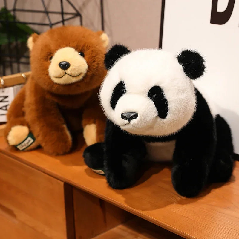 Kawaii plush toy bear and panda on a wooden surface with a blurred background