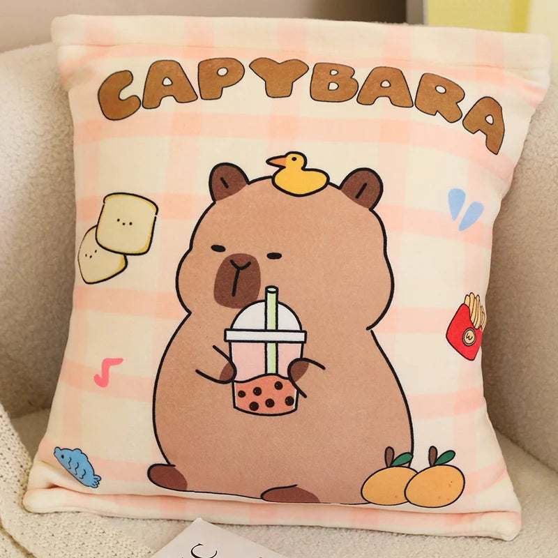 Capybara-themed kawaii pillow with cartoon design on a couch