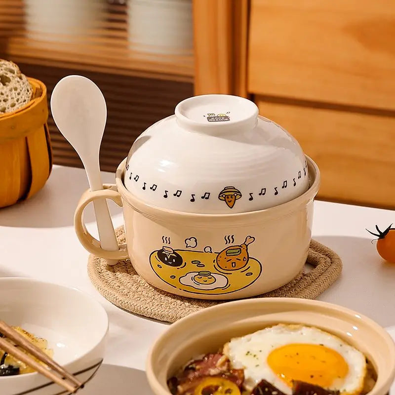 A cartoon themed kawaii ramen bowl on a table