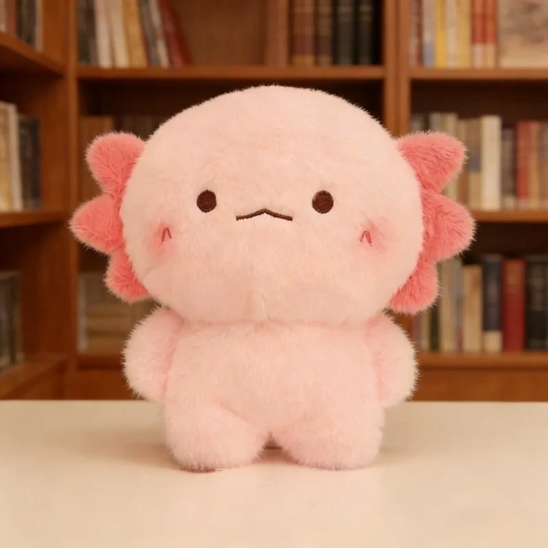 Pink kawaii plush toy with flower-like ears on a surface in front of a bookshelf.