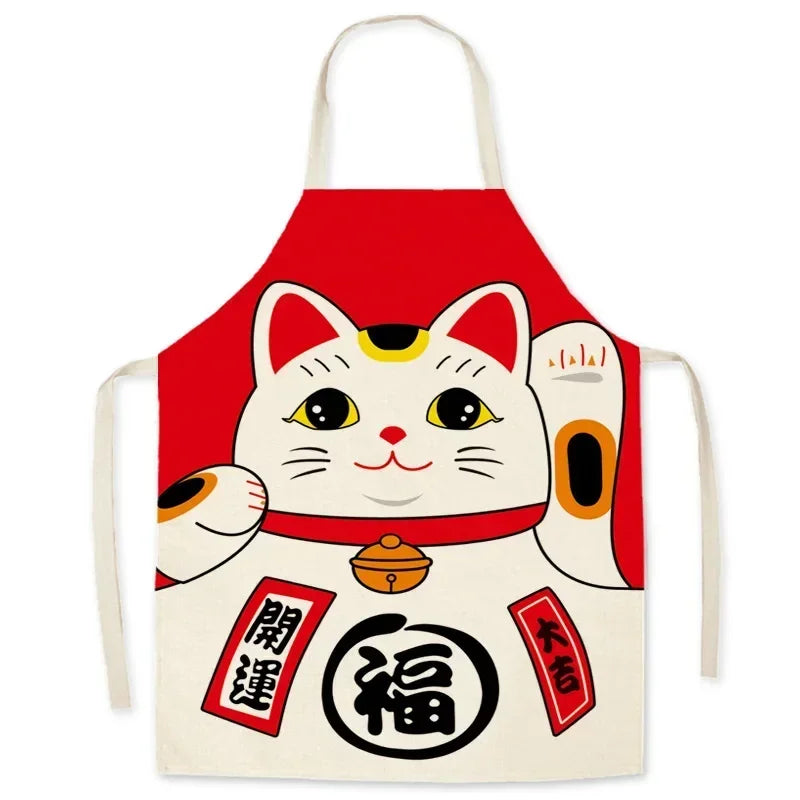 Kawaii apron with a cartoon cat design on a red background