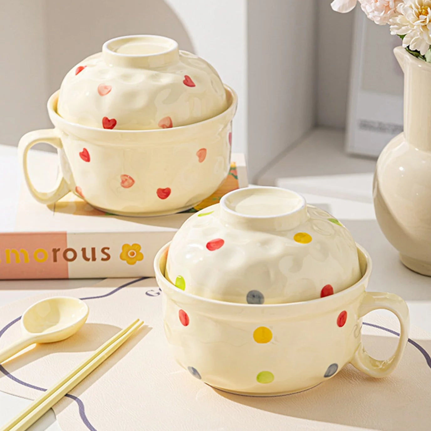 Set of ceramic kawaii ramen bowls with colorful polka dot patterns on a light surface.