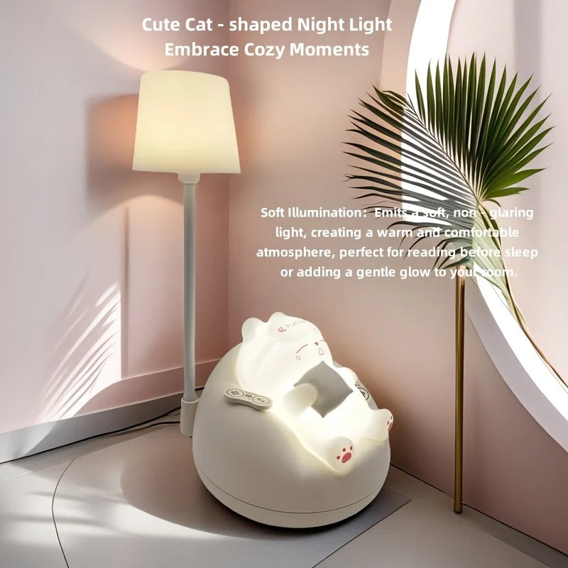 Cute kawaii cat-shaped night light on a surface with soft lighting and decor elements.
