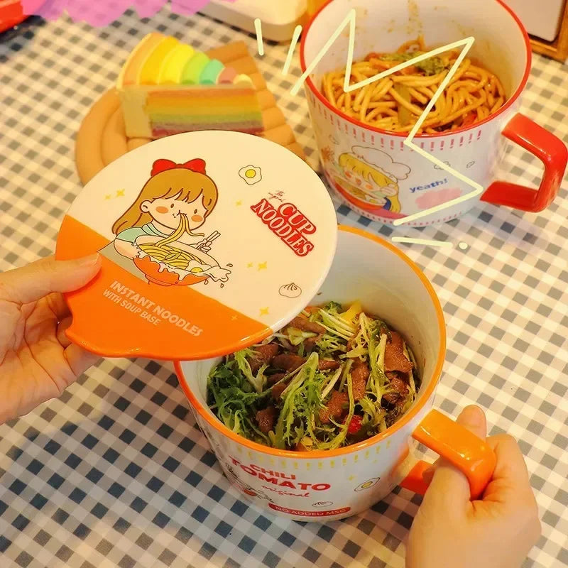 A kawaii ramen bowl of noodles with cartoon character lid on a checkered tablecloth