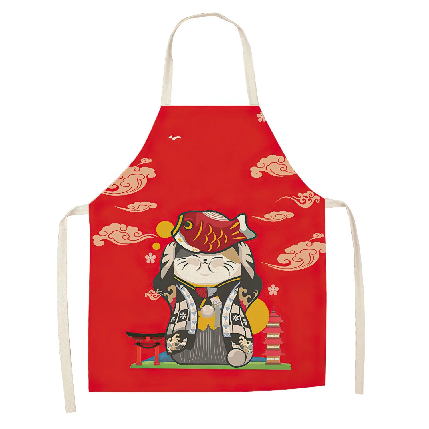 Red apron with a cat and fish Kawaii design on a white background