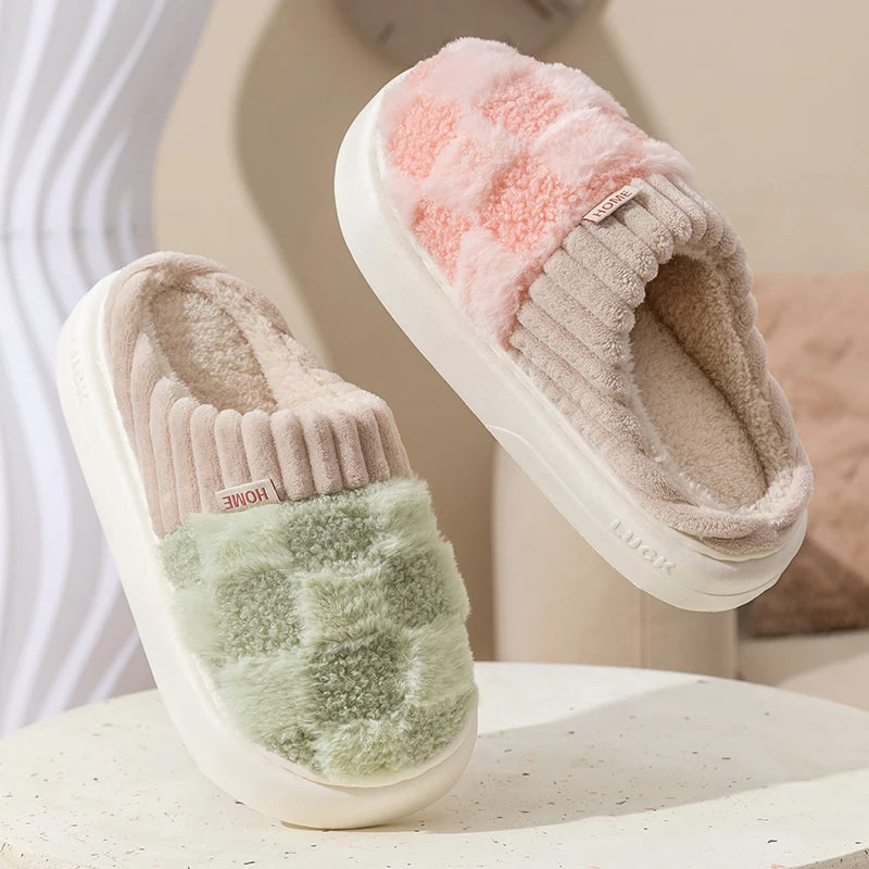Pair of kawaii fuzzy slippers with a soft texture on a neutral background