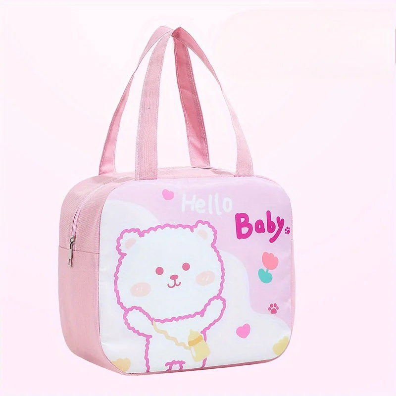 Pink children's kawaii bag with a bear illustration and 'Hello Baby' text on a white background
