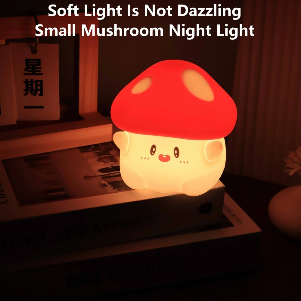 Mushroom-shaped kawaii night light on a desk with text overlay