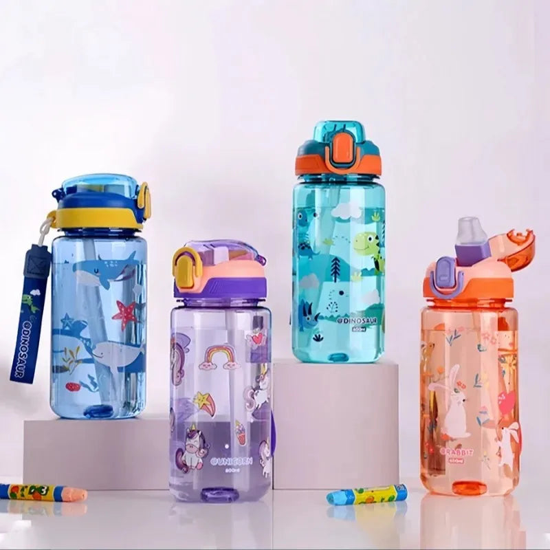 Four colorful children's kawaii water bottles with animal illustrations on a white background