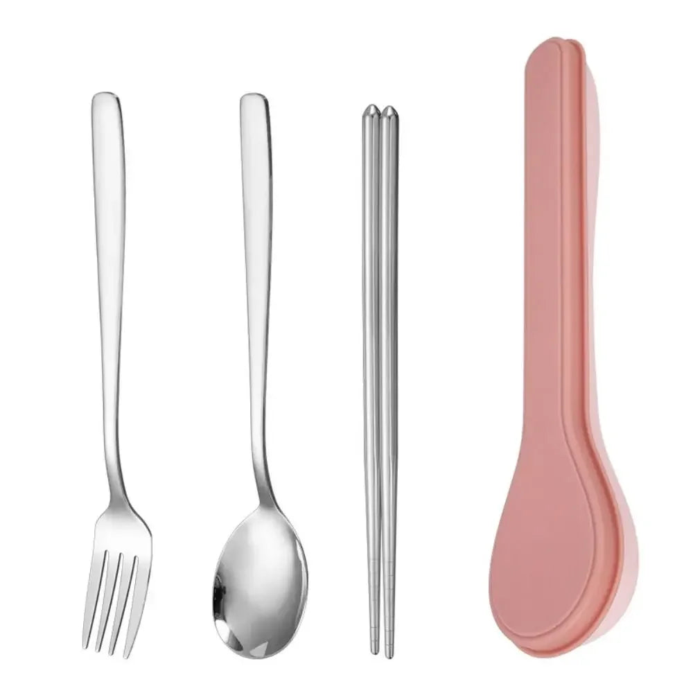 Set of silver kawaii utensils with a pink case on a white background
