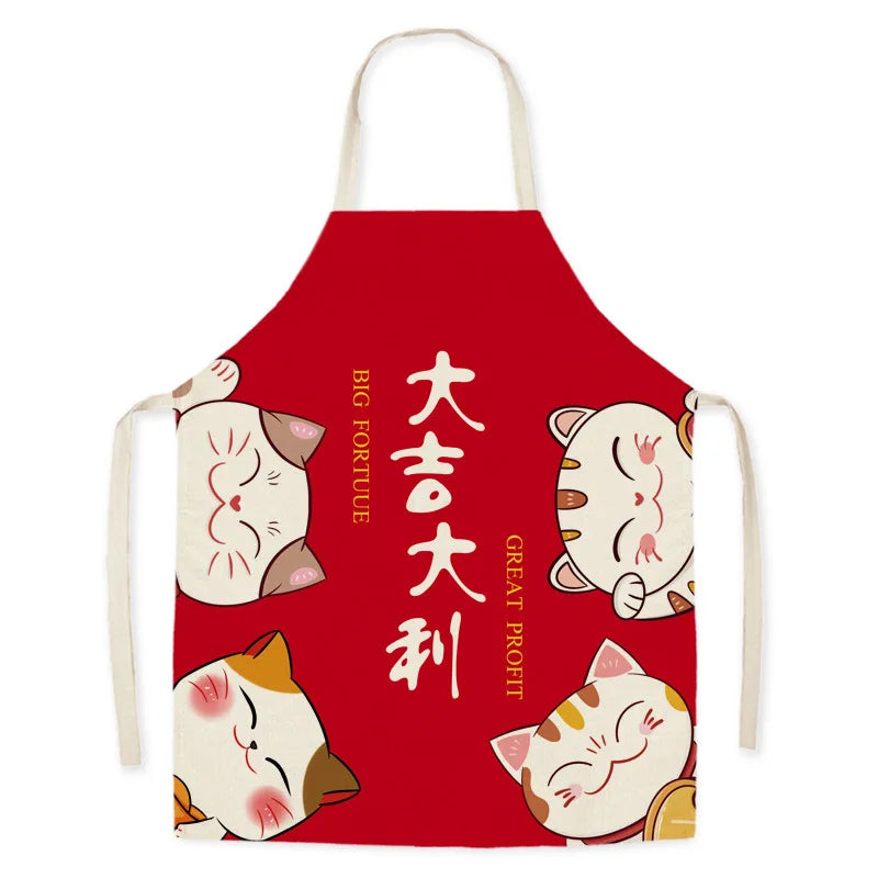 Red kawaii apron with cat illustrations and Chinese text on a white background