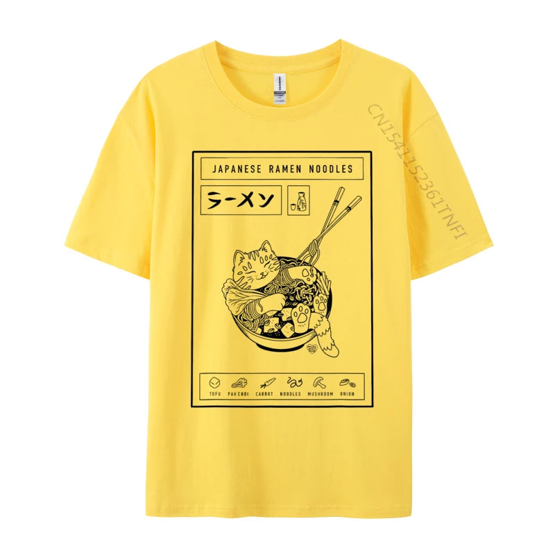 Yellow t-shirt with a graphic design of a kawaii cat in a ramen bowl on a white background