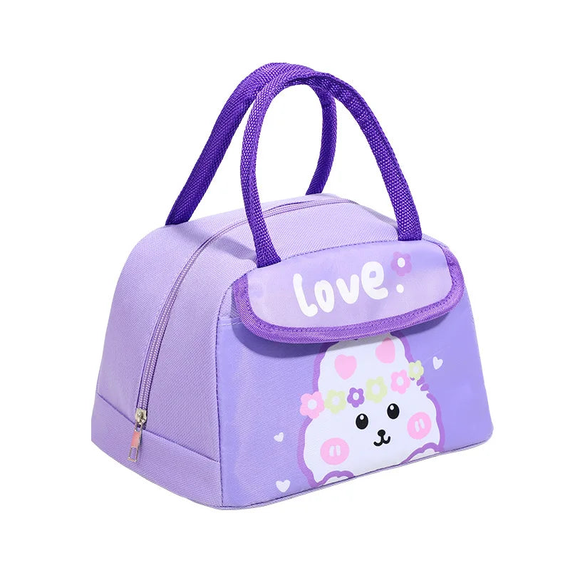 Purple kawaii lunch bag with a cartoon sheep design and 'love' text on a white background