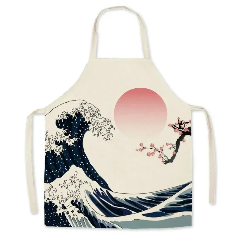Kawaii apron with wave and cherry blossom design on a white background
