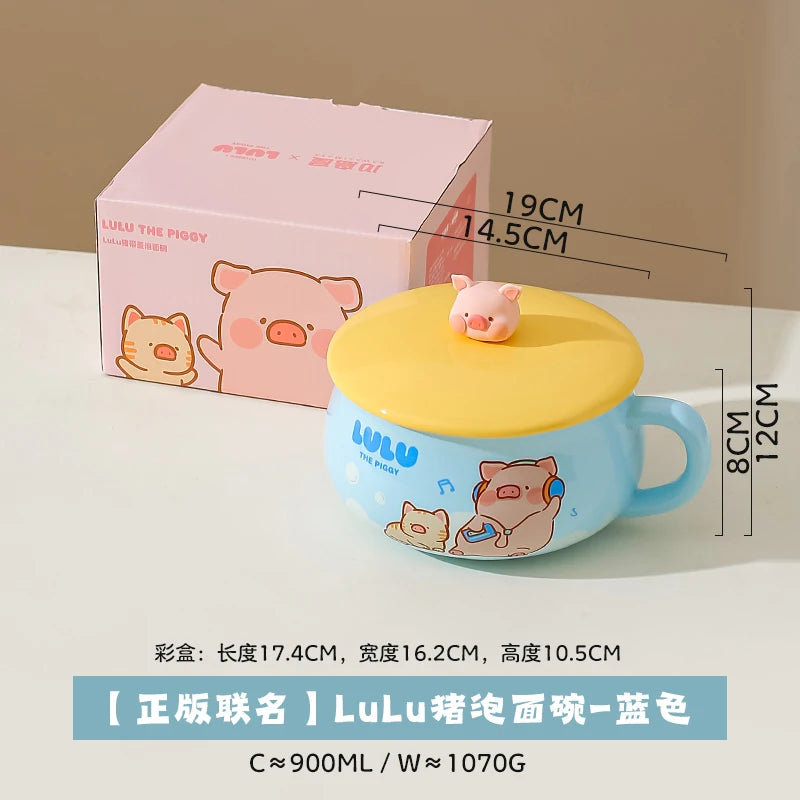 A blue pig themed kawaii ramen bowl with a yellow lid