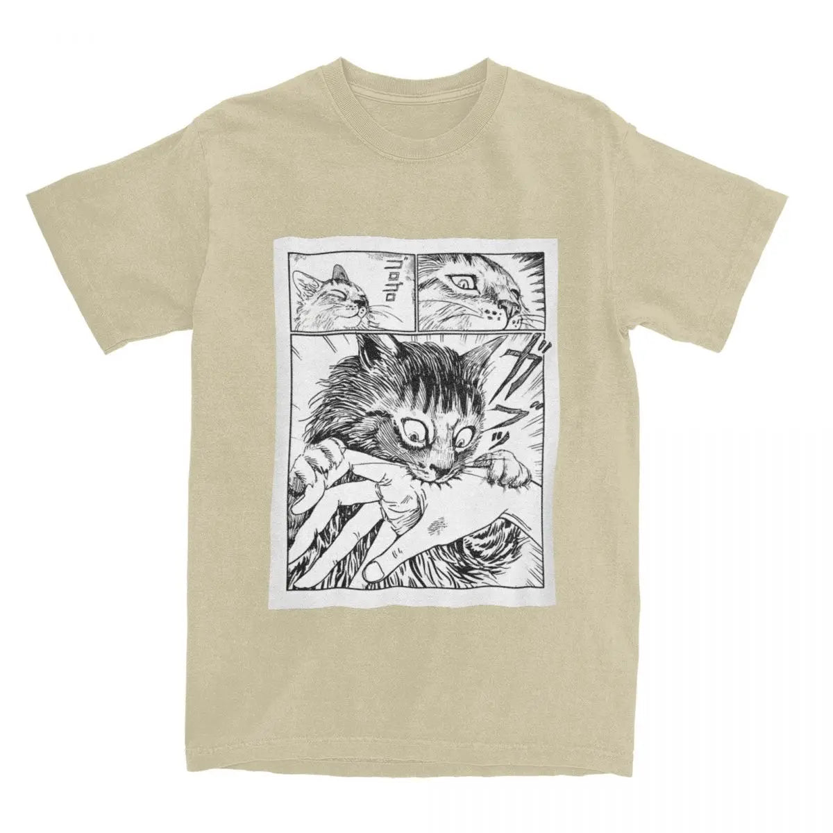 Beige t-shirt with black and white kawaii cat illustration on a white background