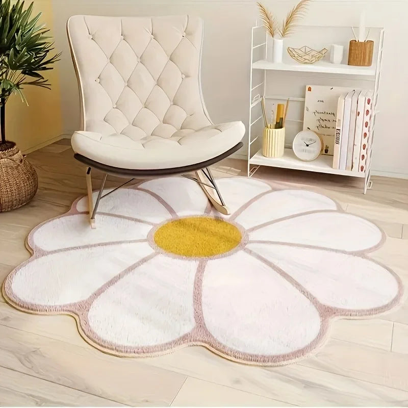 Flower-shaped kawaii rug with a yellow center on a wooden floor, next to a white chair and bookshelf.