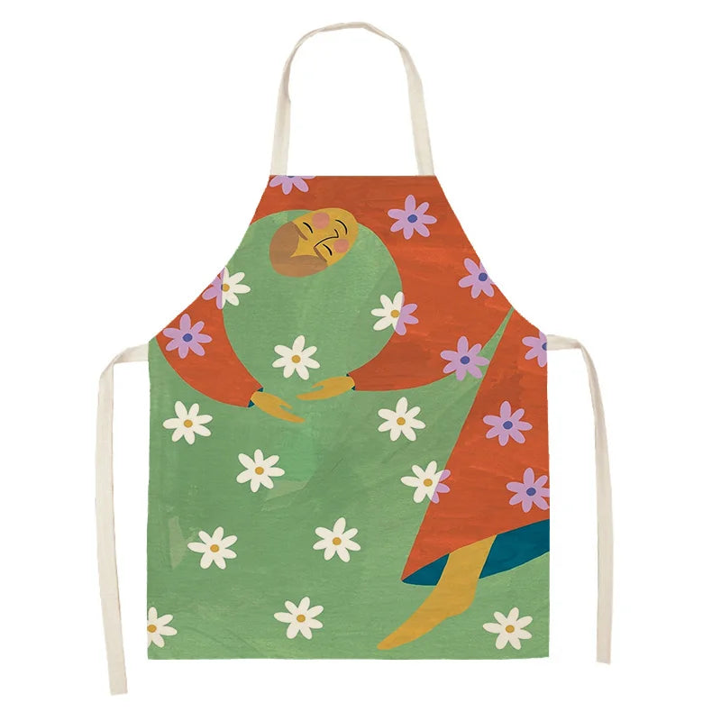 Colorful kawaii apron with a cartoon character and flowers on a white background
