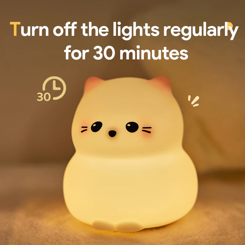 Cat-shaped kawaii night light with text advising to turn off lights regularly for 30 minutes on a warm background.
