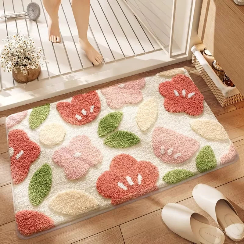 Decorative kawaii rug with floral patterns on a wooden floor, with a person stepping onto it.