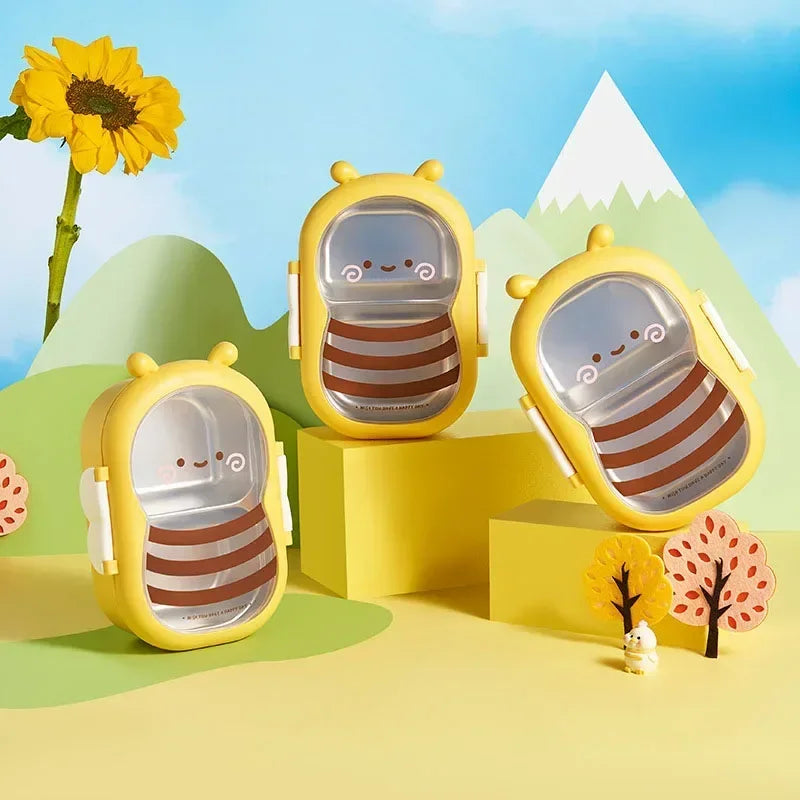 Three yellow and brown striped kawaii containers with bee design on a colorful landscape background.