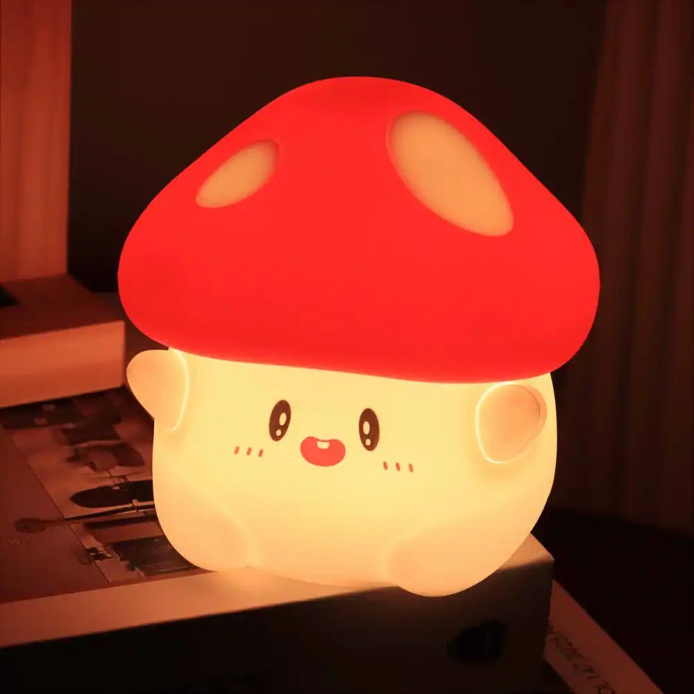 Cute mushroom-shaped kawaii night light on a desk