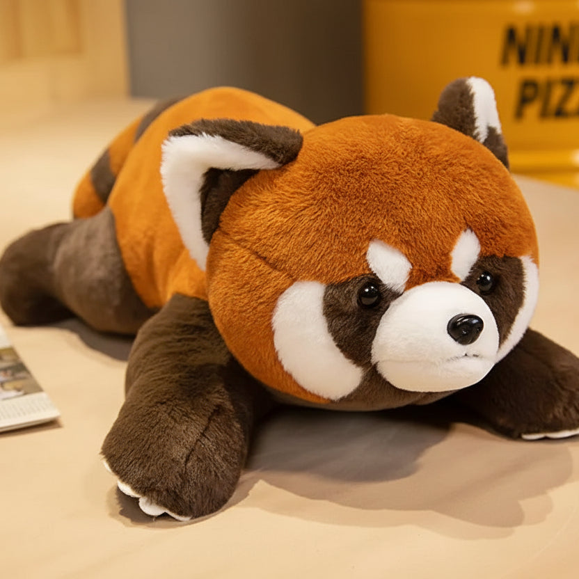 Kawaii plush toy red panda lying on a surface with a blurred background