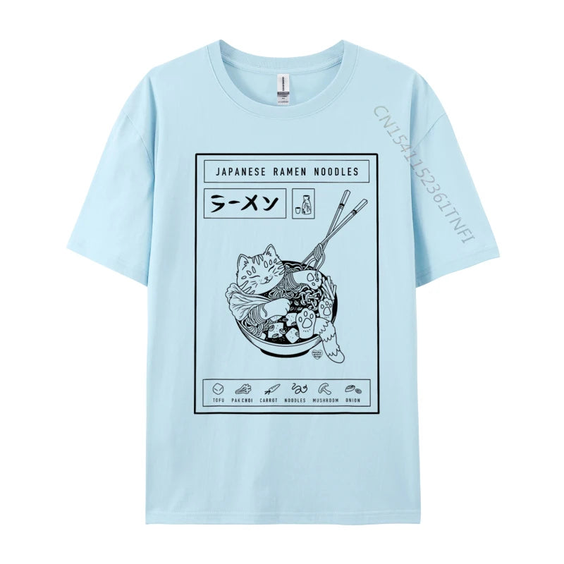 Light blue t-shirt with black graphic design of a kawaii cat eating ramen noodles on a white background