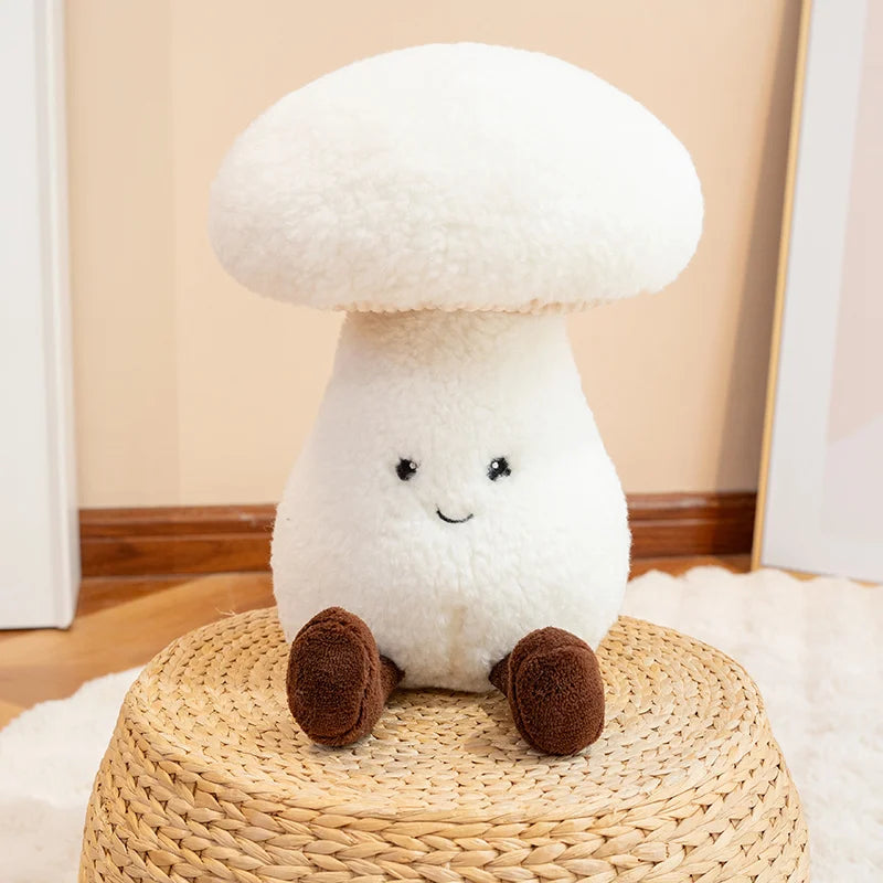 Kawaii plush mushroom toy with a smiling face on a woven stool.