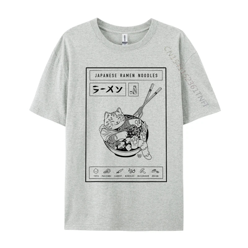 Gray t-shirt with a graphic design of a bowl of ramen and a kawaii cat on a white background