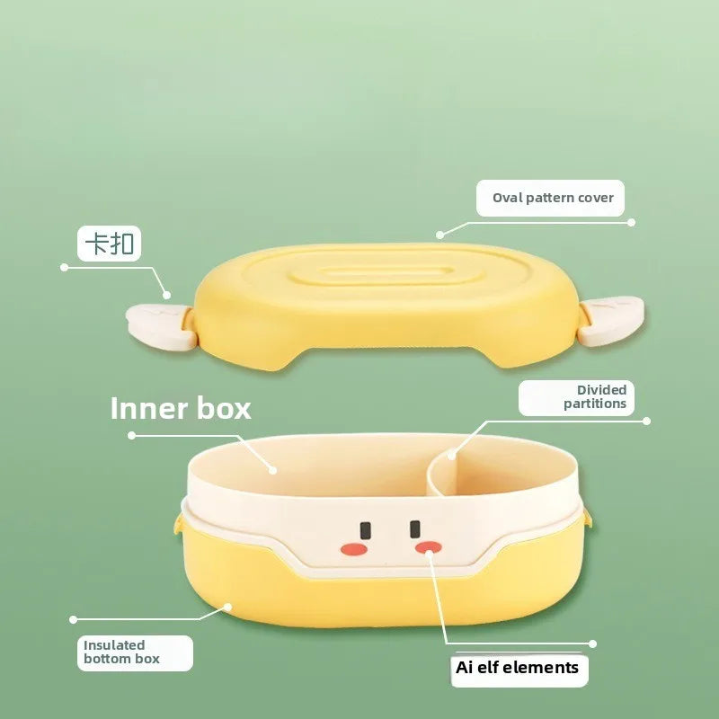 Yellow kawaii food container with cartoon face design on a green background, labeled with features.
