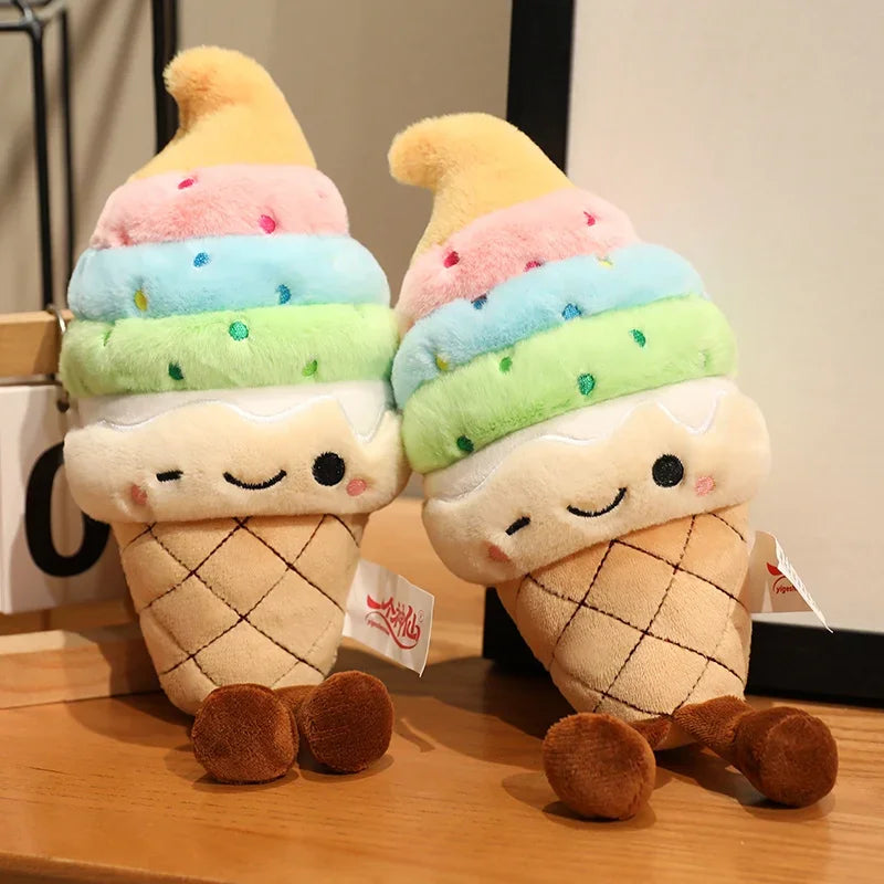 Two kawaii plush ice cream cone toys with colorful scoops on a wooden surface.