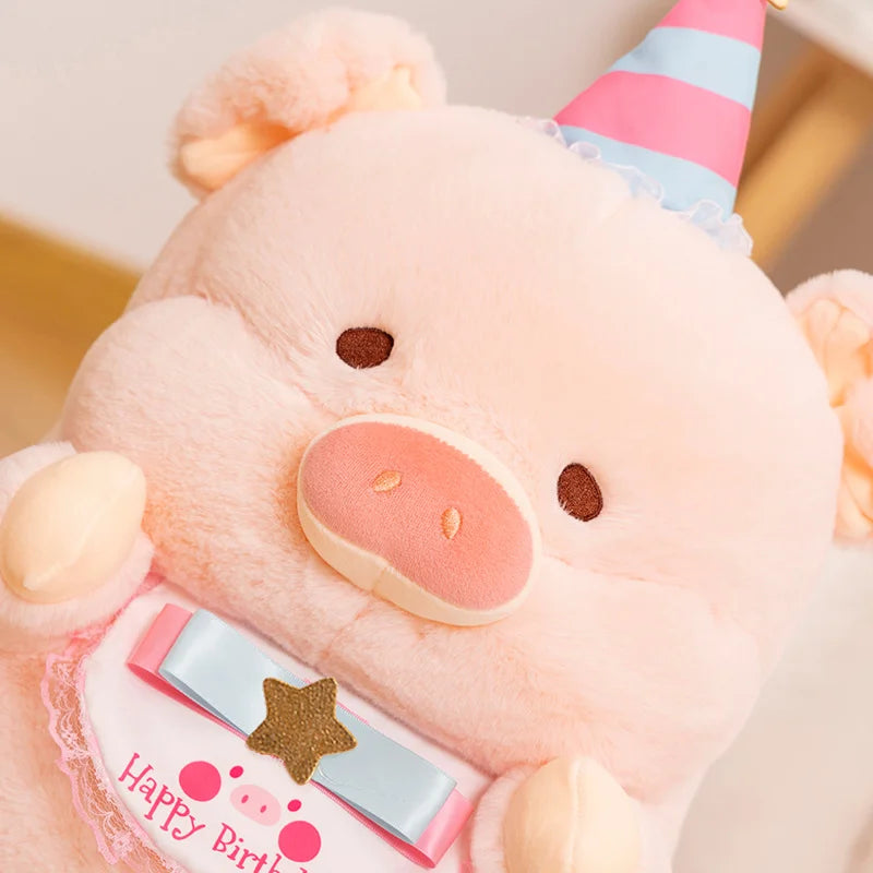 Cute pink kawaii plush toy with a birthday hat and 'Happy Birthday' card