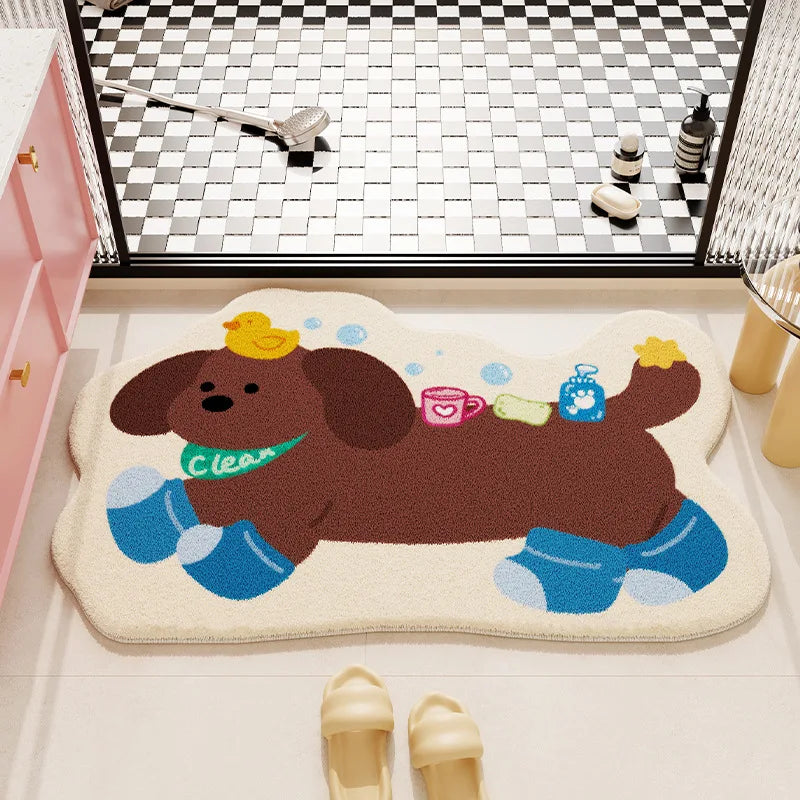 Kawaii bath mat with cartoon dog design in a bathroom setting