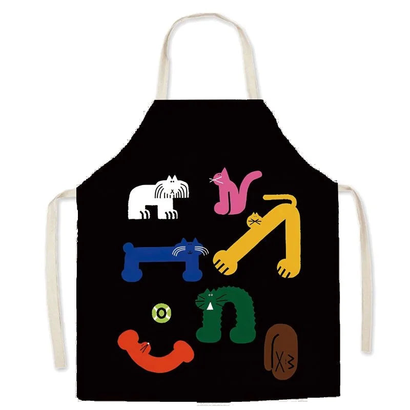 Black kawaii apron with colorful animal illustrations on a white background
