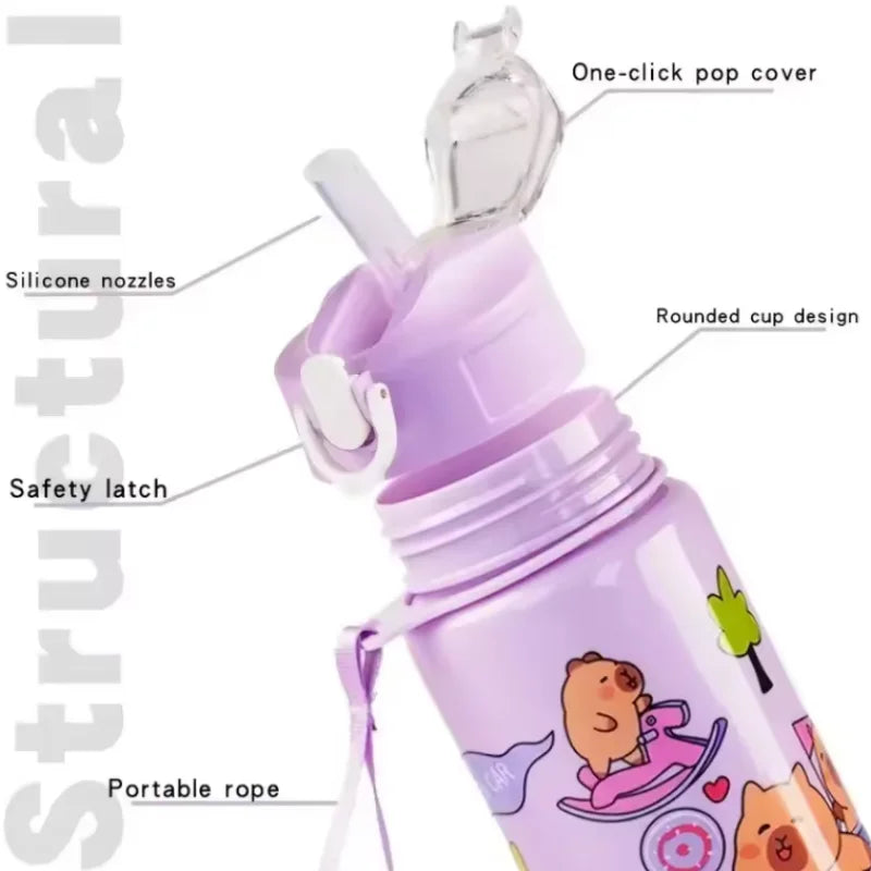 Purple kawaii water bottle with cartoon designs and features labeled