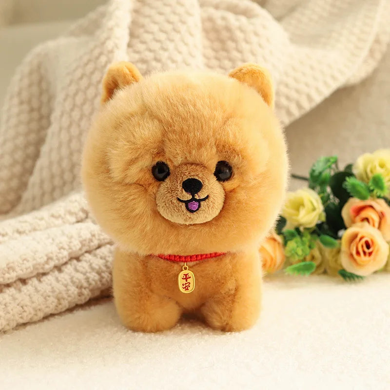 Kawaii plush toy dog with a red collar and a small tag, sitting on a soft surface with flowers in the background.