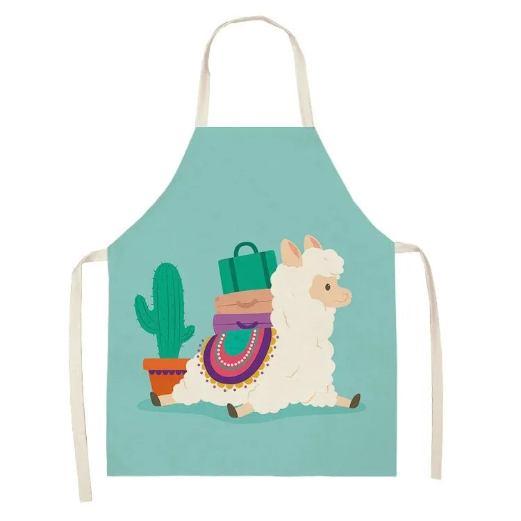 Children's Kawaii apron with a llama and cactus design on a light blue background