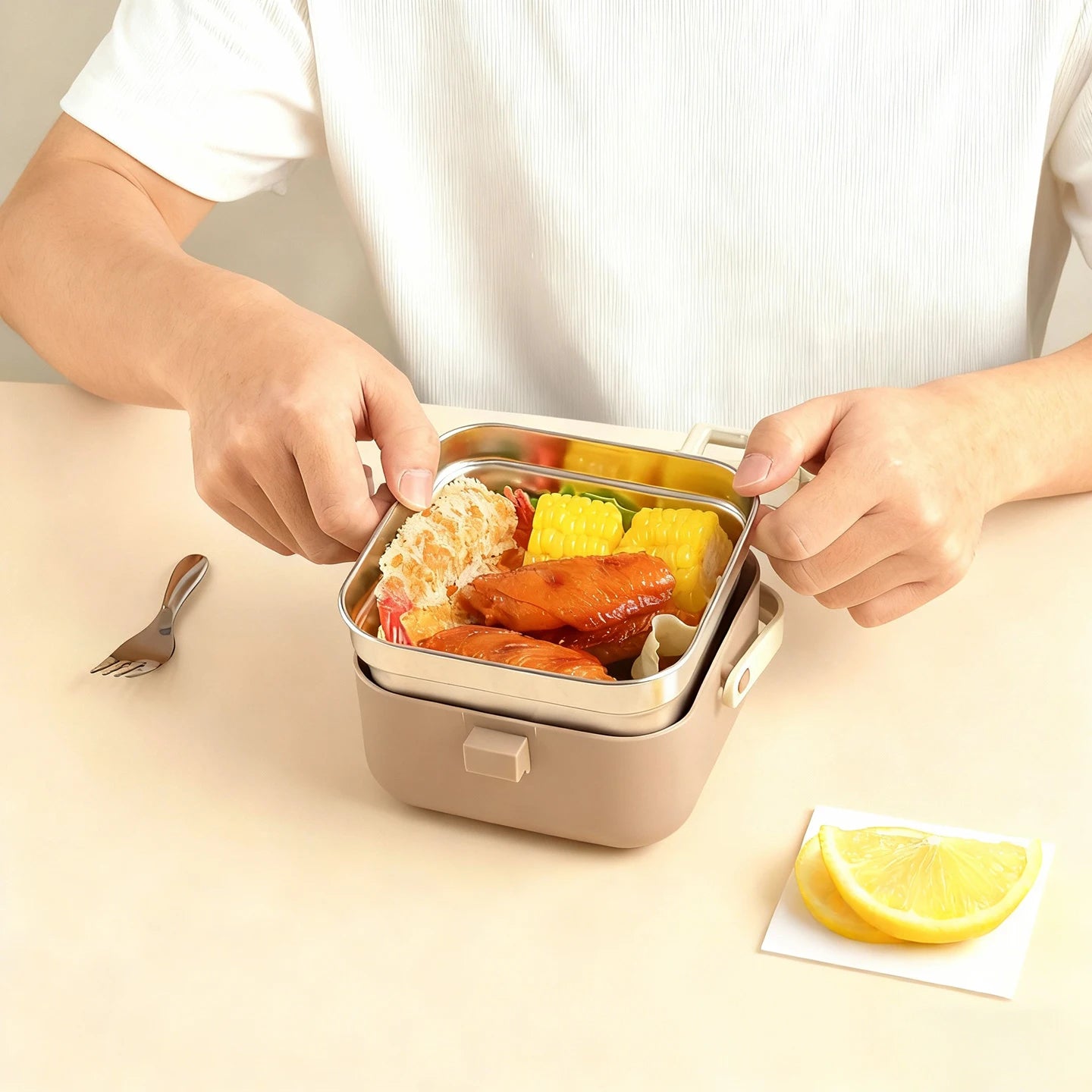 Person opening a kawaii bento box with food on a light surface