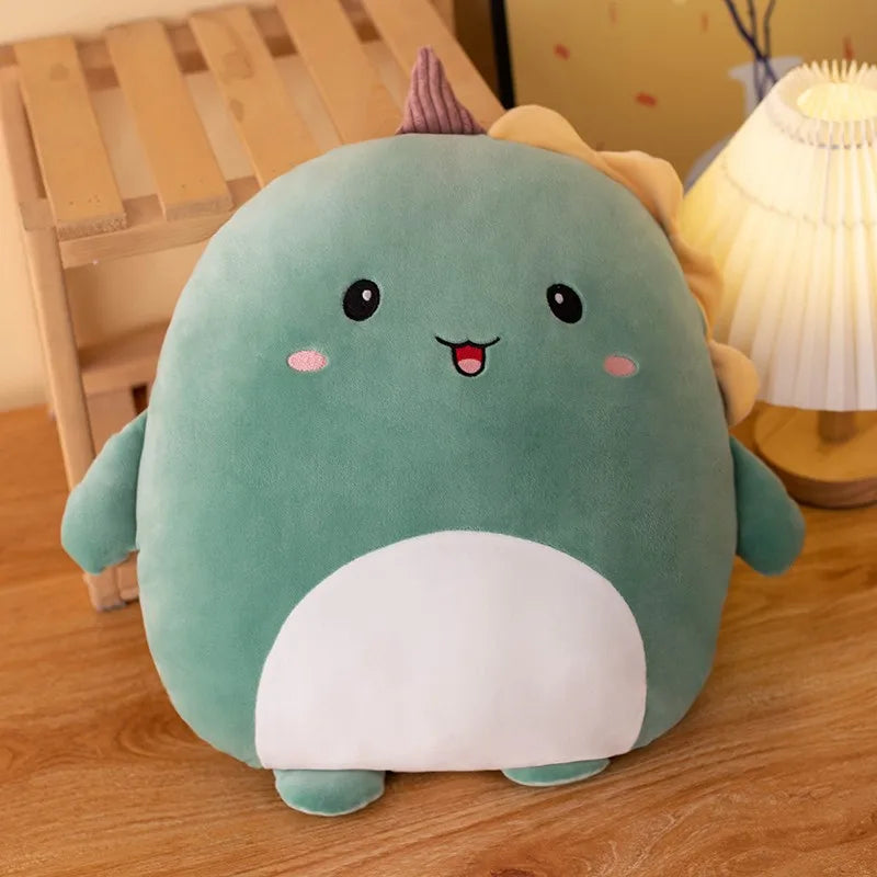 Cute kawaii plush toy with a happy expression on a wooden floor