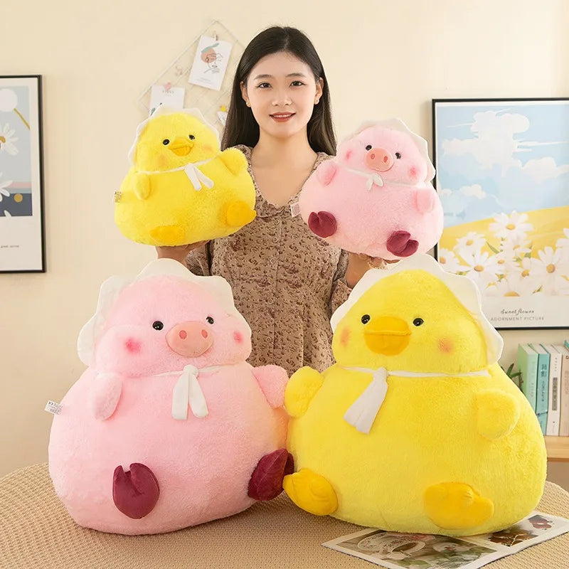 Woman holding four kawaii plush toys shaped like a pig, duck, and two other animals on a table.