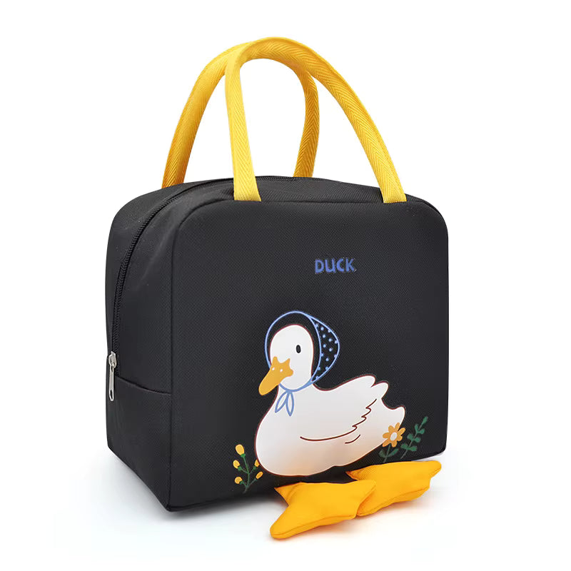 Black lunch bag with a cartoon duck design on a white background