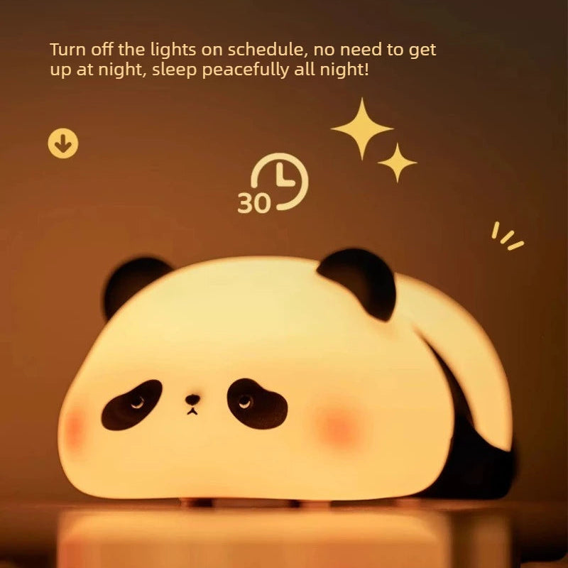 Panda-shaped kawaii night light with timer feature on a dark background