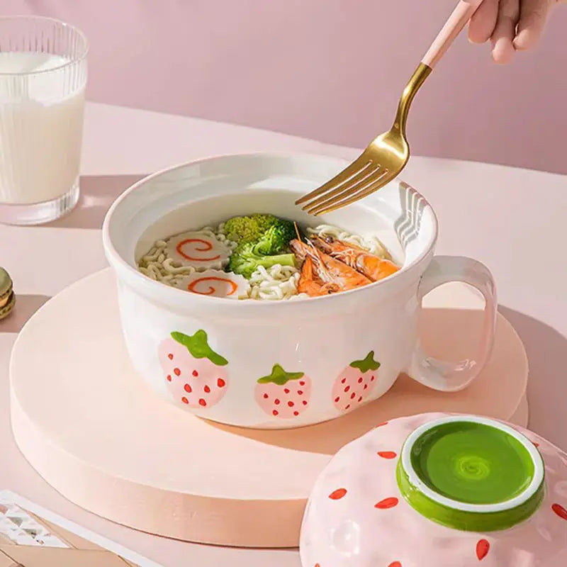 Someone eating from a strawberry shaped kawaii bowl