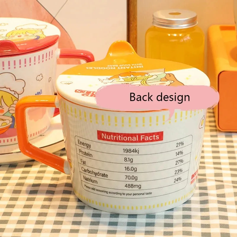 A close up of a white and orange kawaii ramen bowl