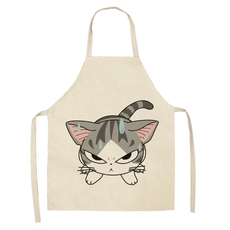 Beige kawaii apron with a cartoon cat design on a white background