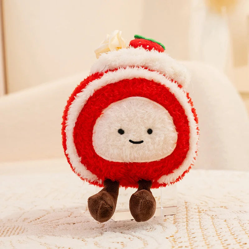 Kawaii plush toy resembling a character with a red and white outfit on a soft surface
